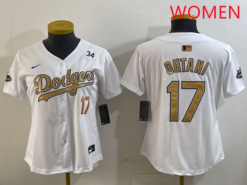 Women Los Angeles Dodgers 17 Ohtani White Champion gold character 2025 Nike MLB Jersey style 2